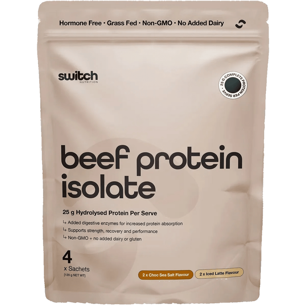Beef Protein Isolate Sample Pouch 30g x4 by Switch Nutrition with 4 sachets, non-GMO, hormone-free, supports recovery and performance