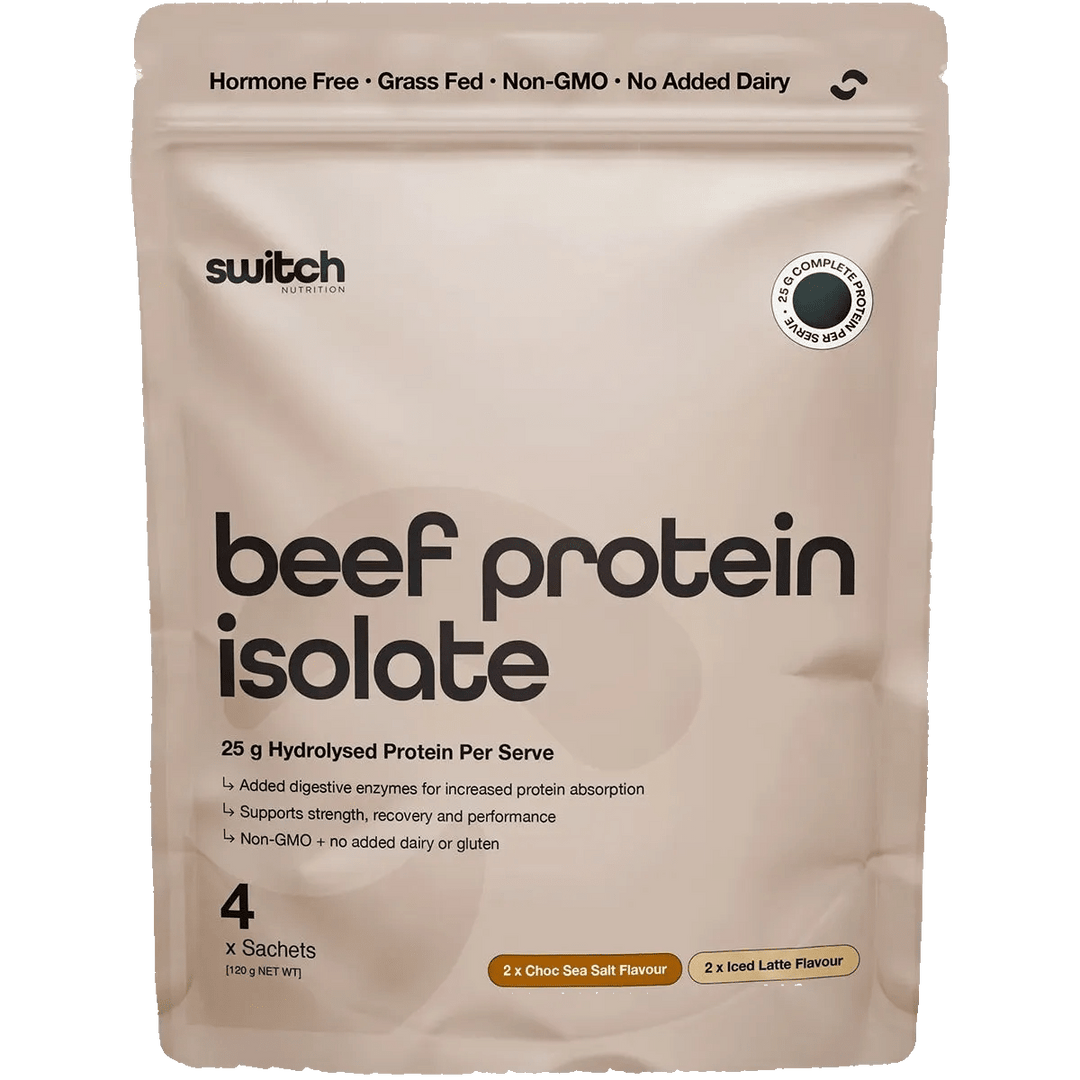 Beef Protein Isolate Sample Pouch 30g x4 by Switch Nutrition with 4 sachets, non-GMO, hormone-free, supports recovery and performance