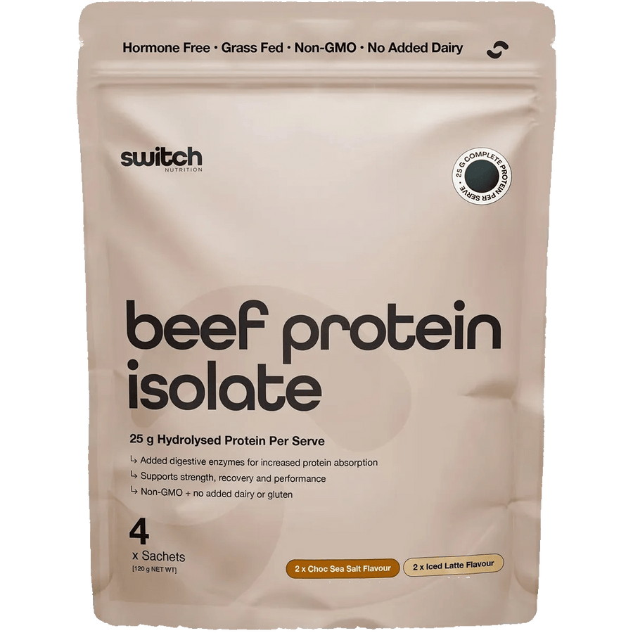 Beef Protein Isolate Sample Pouch 30g x4 by Switch Nutrition with 4 sachets, non-GMO, hormone-free, supports recovery and performance