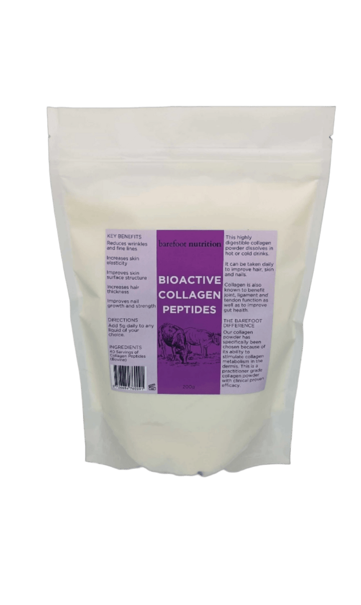 Bioactive Collagen Peptides - 200g pouch by Barefoot Skincare Co with detailed benefits and usage information on label
