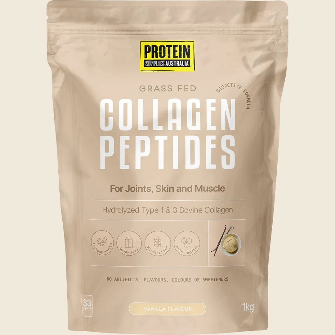 Grass Fed Collagen Peptides - Vanilla - 1kg by Protein Supplies Australia, in Collagen Powder collection packaging.
