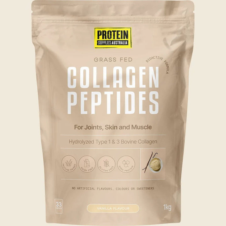 Grass Fed Collagen Peptides - Vanilla - 1kg by Protein Supplies Australia, in Collagen Powder collection packaging.