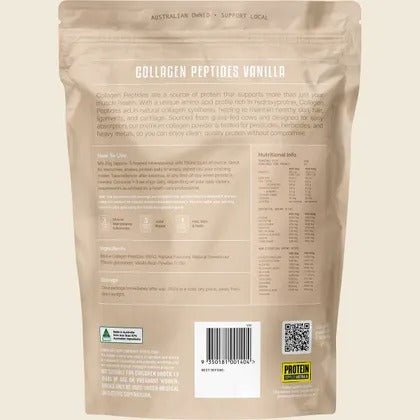 Back view of Grass Fed Collagen Peptides - Vanilla - 1kg pack by Protein Supplies Australia with nutrition info and barcode.