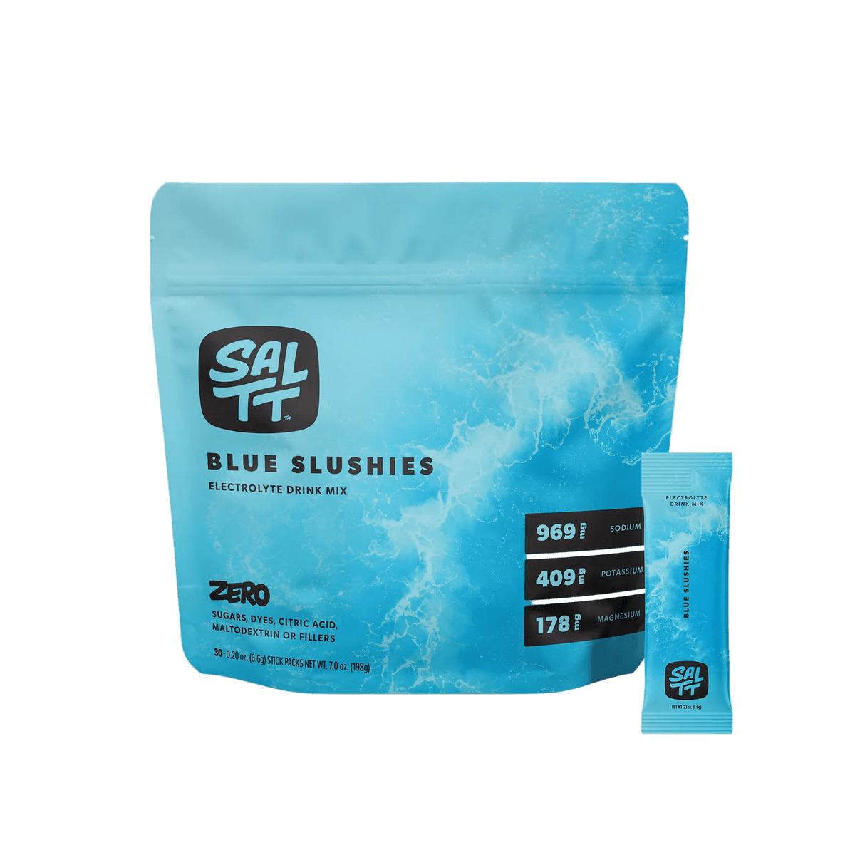 Blue Slushies - 30 Sticks by SALTT in blue resealable pouch with electrolyte content details and single stick sachet next to it