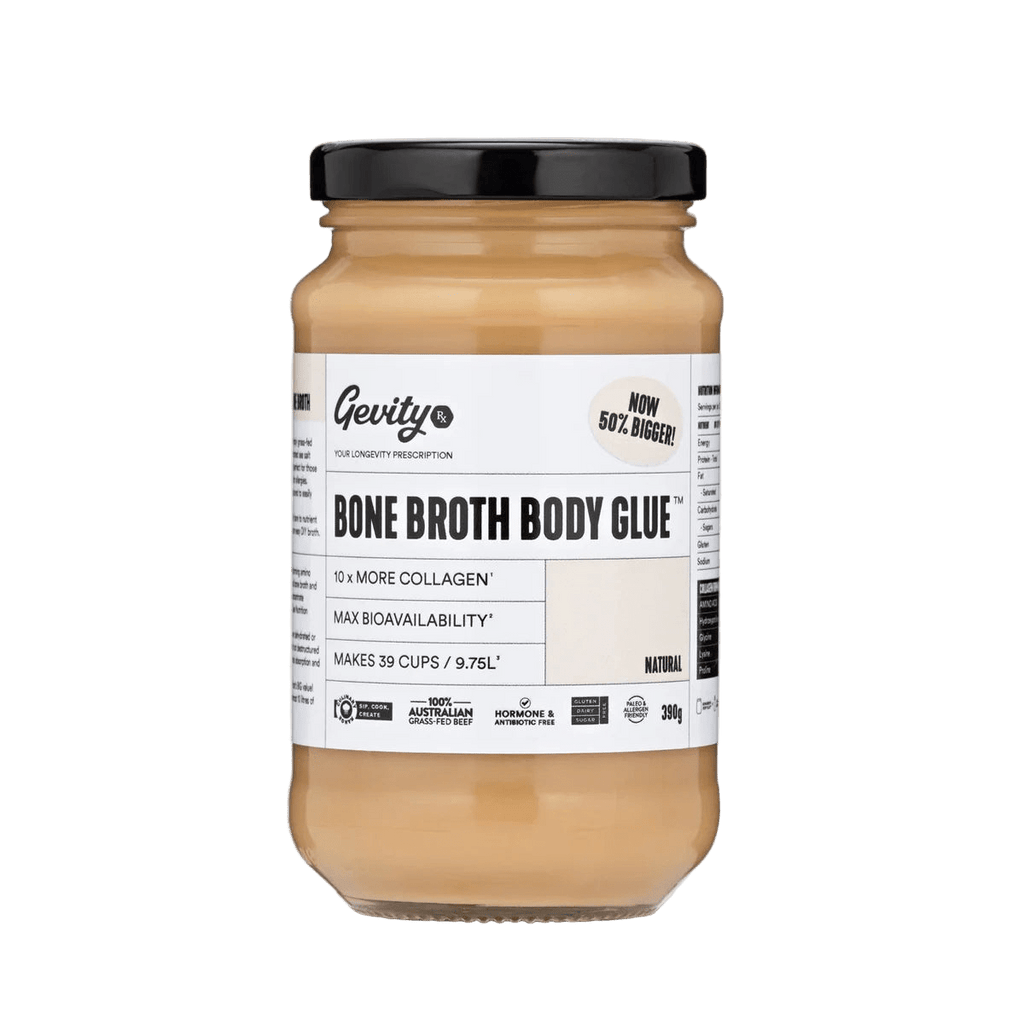 Jar of Bone Broth Body Glue - Natural - 390g by Gevity Rx with white label and black lid on white background