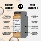 Comparison infographic of Bone Broth Body Glue - Natural - 390g by Gevity Rx versus other bone broth qualities and uses.