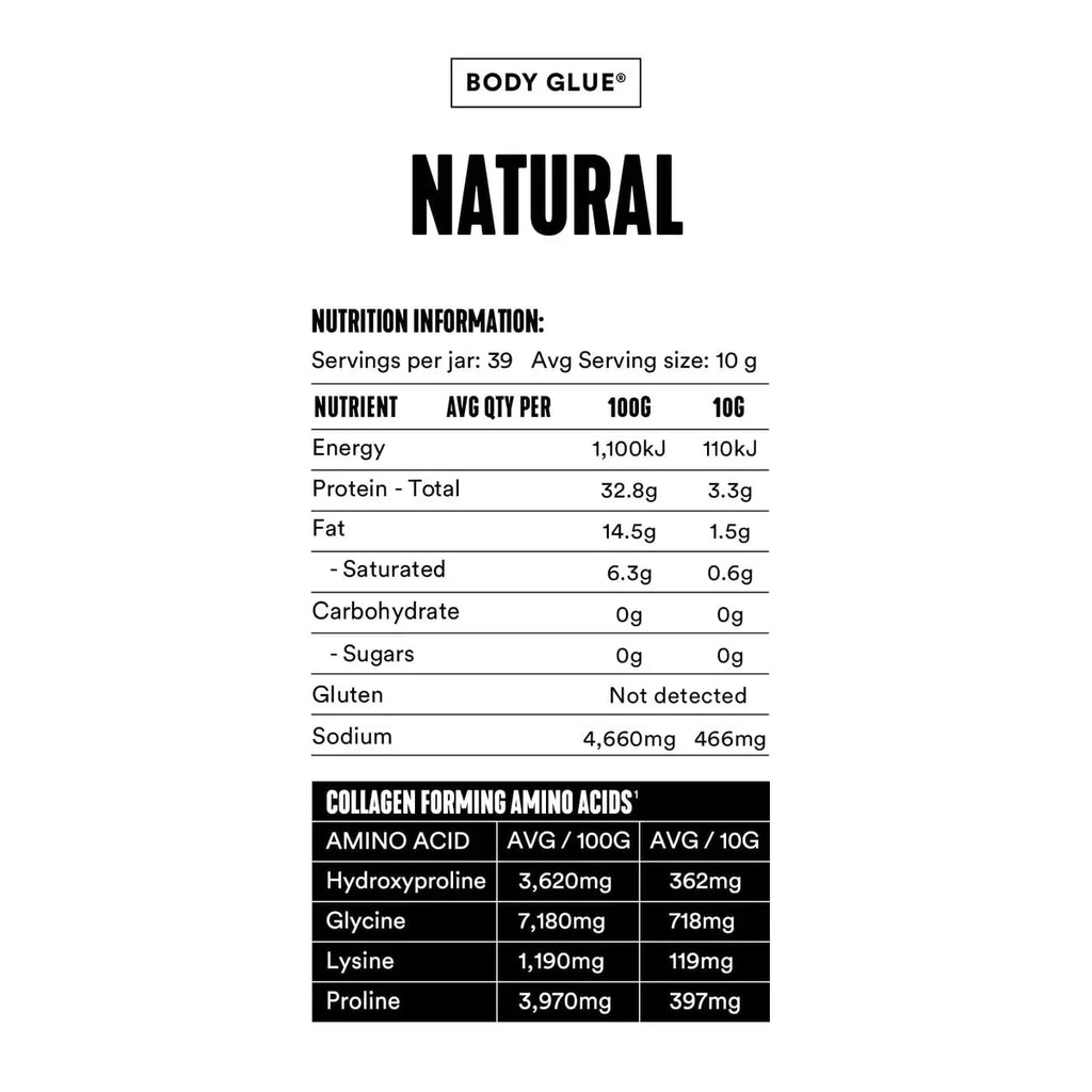 Nutrition label for Bone Broth Body Glue - Natural - 390g showing energy, protein, fat, sodium, and collagen amino acids content.