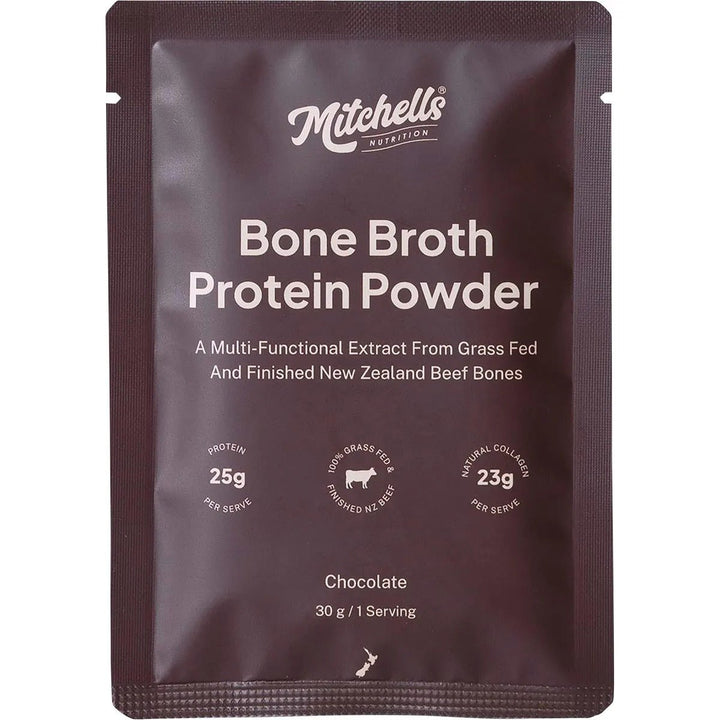 Bone Broth Protein Powder Chocolate - 30g sachet by Mitchells Nutrition with grass-fed New Zealand beef collagen and protein details