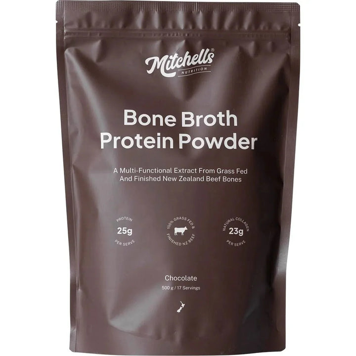 Bone Broth Protein Powder Chocolate - 500g pouch by Mitchells Nutrition with grass-fed beef extract and collagen.