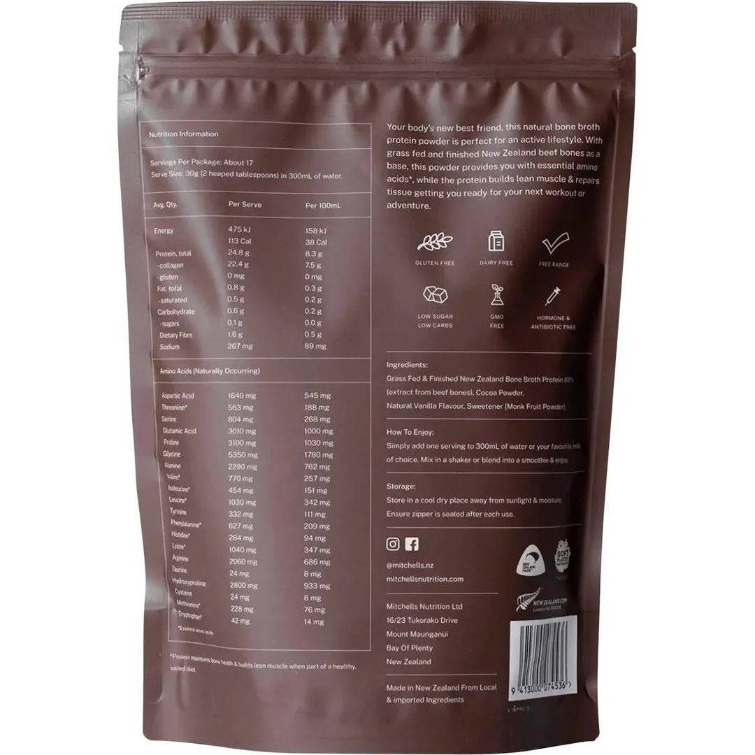 Back label of Bone Broth Protein Powder Chocolate - 500g by Mitchells Nutrition showing nutrition facts, ingredients, and usage instructions.