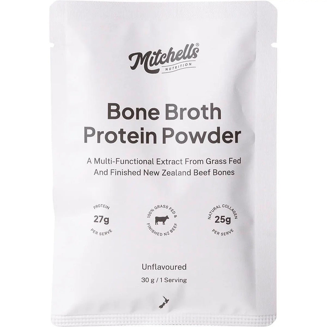 Single serving sachet of Mitchells Nutrition Bone Broth Protein Powder Sample Bundle unflavoured from New Zealand beef bones