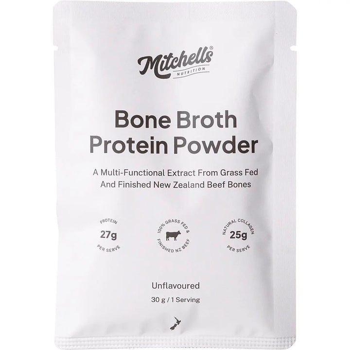 Single serving sachet of Mitchells Nutrition Bone Broth Protein Powder Sample Bundle unflavoured from New Zealand beef bones