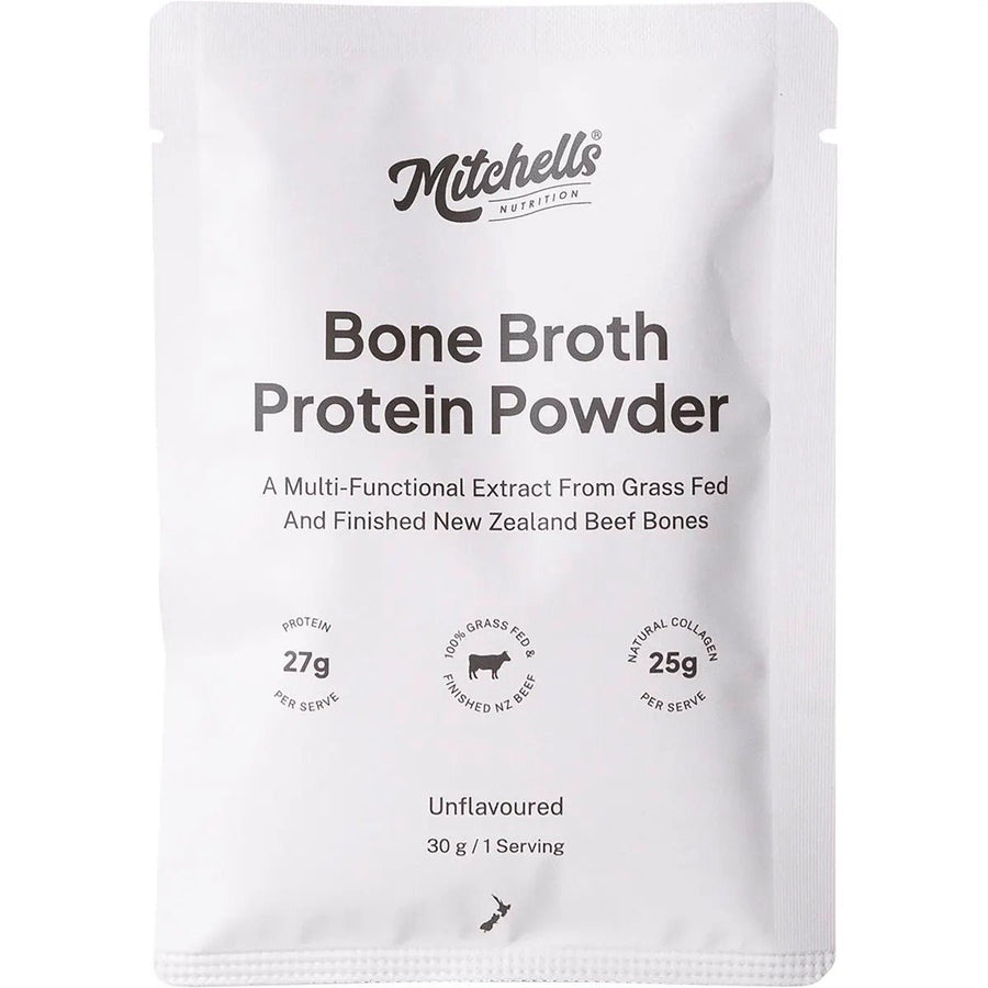 Single serving sachet of Mitchells Nutrition Bone Broth Protein Powder Sample Bundle unflavoured from New Zealand beef bones