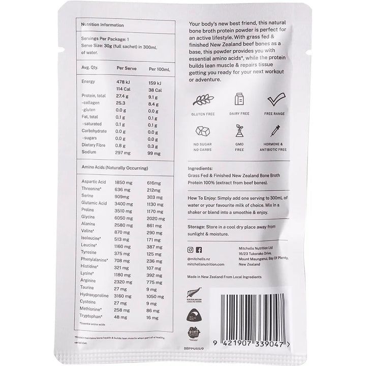 Back label of Bone Broth Protein Powder Unflavoured - 30g by Mitchells Nutrition showing nutrition, amino acids, and usage instructions.