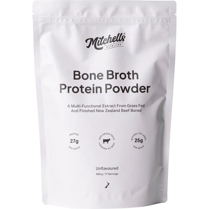 Bone Broth Protein Powder Unflavoured - 500g by Mitchells Nutrition in white resealable bag with nutrition details