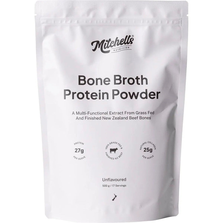 Bone Broth Protein Powder Unflavoured - 500g by Mitchells Nutrition in white resealable bag with nutrition details
