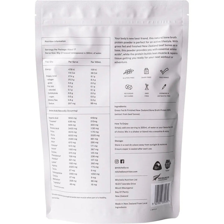 Back of Bone Broth Protein Powder Unflavoured - 500g packaging by Mitchells Nutrition showing nutrition, ingredients, and usage details.