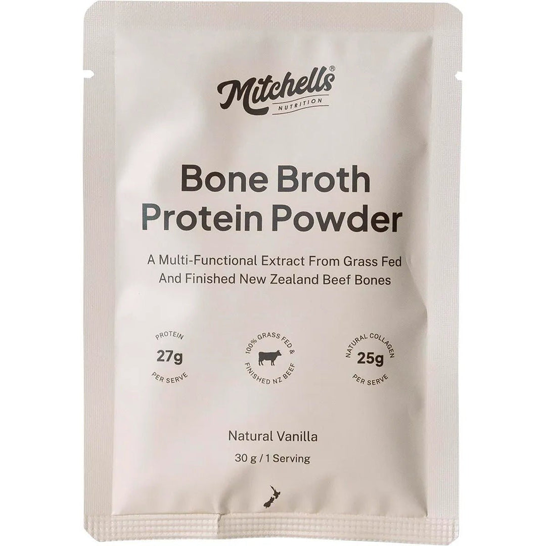 Mitchells Nutrition Bone Broth Protein Powder Vanilla - 30g sachet with natural collagen and grass-fed beef extract details