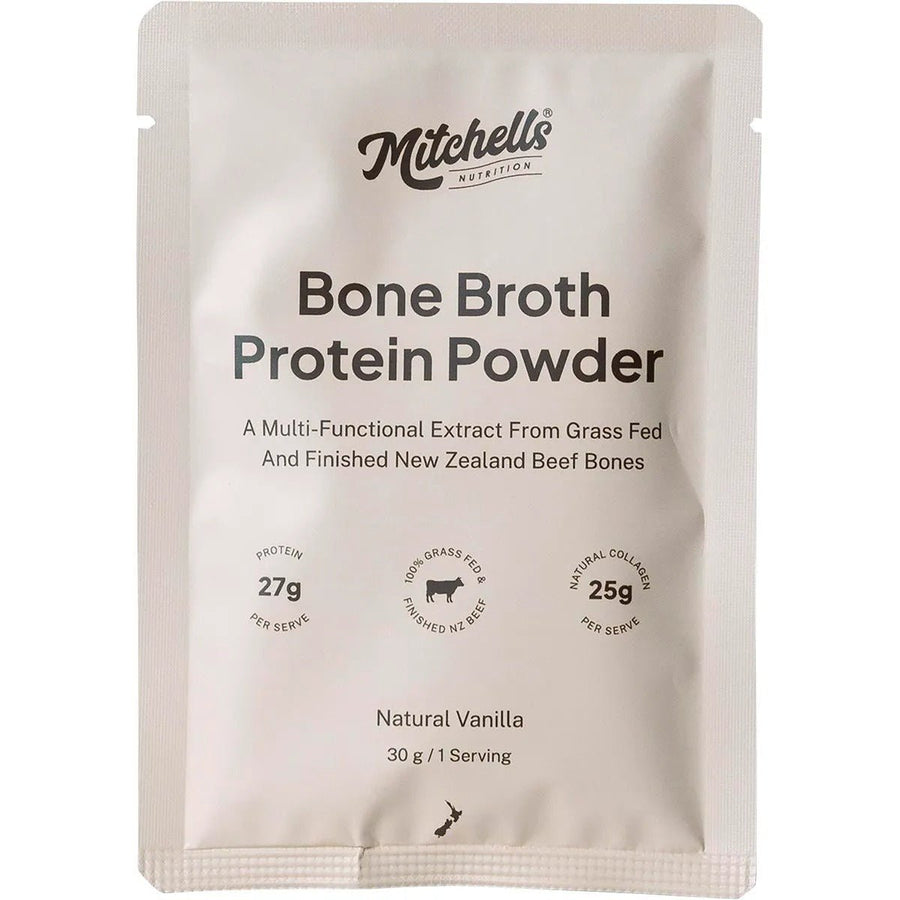 Mitchells Nutrition Bone Broth Protein Powder Vanilla - 30g sachet with natural collagen and grass-fed beef extract details