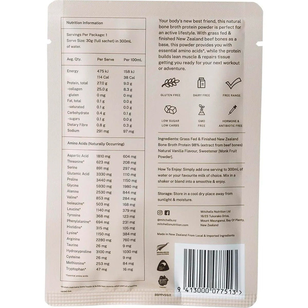 Back label of Bone Broth Protein Powder Vanilla - 30g by Mitchells Nutrition with nutrition facts, ingredients, and usage instructions visible.
