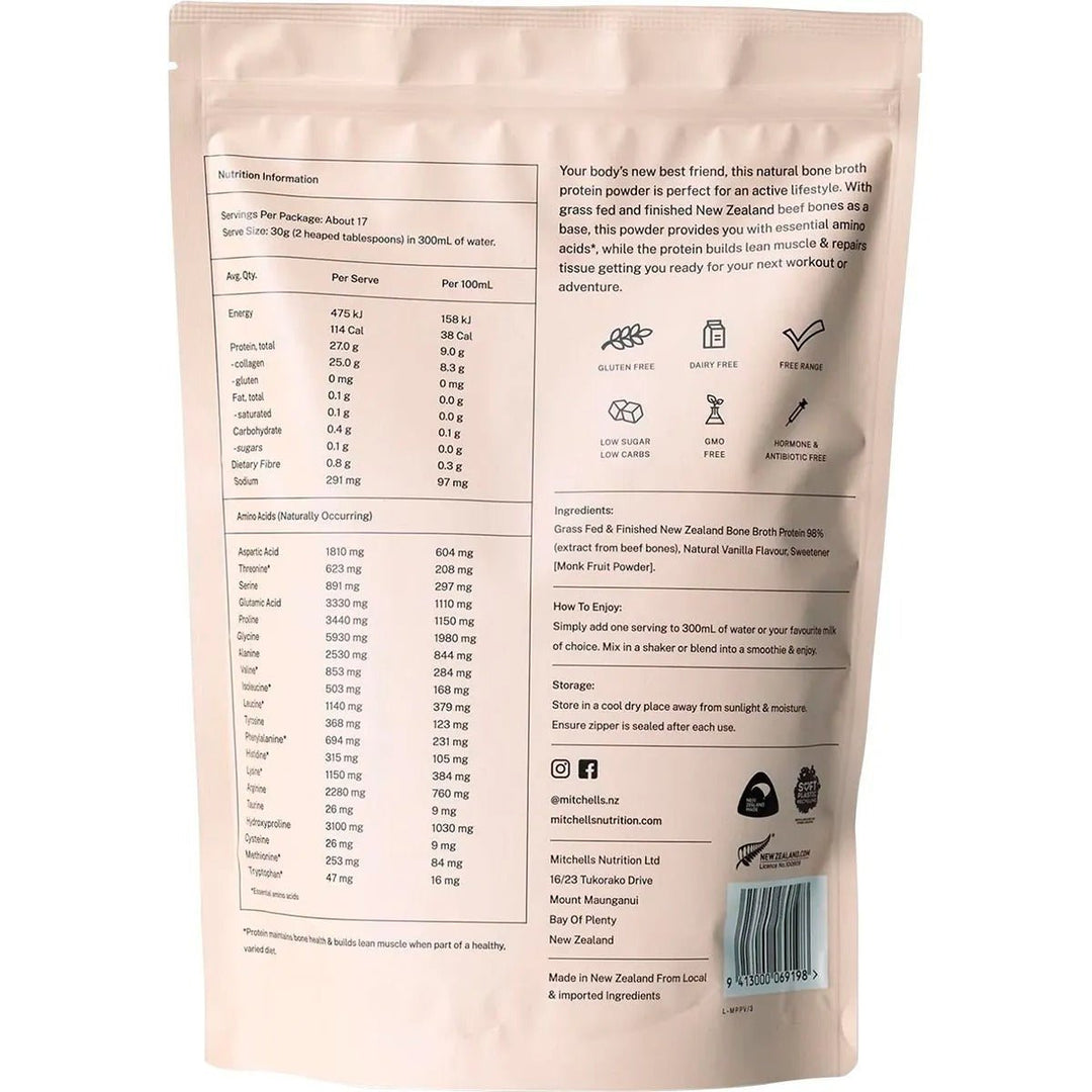 Back packaging of Bone Broth Protein Powder Vanilla - 500g by Mitchells Nutrition showing nutrition facts, ingredient list, and usage instructions.