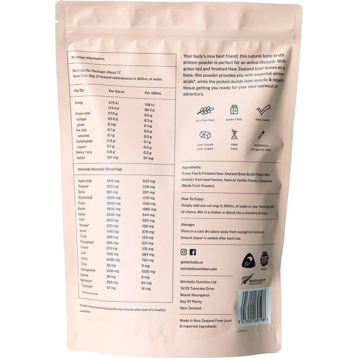 Back packaging of Bone Broth Protein Powder Vanilla - 500g by Mitchells Nutrition showing nutrition facts, ingredient list, and usage instructions.