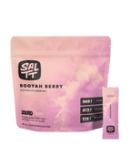 Booyah Berry Electrolyte Drink Mix - 30 Sticks by SALTT in pink packaging, featuring electrolyte content details.