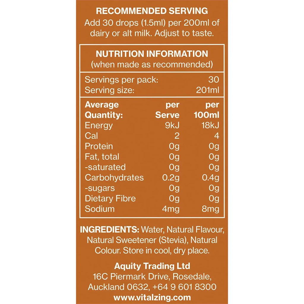 Nutrition facts and ingredients label for Caramel MilkDrops - 40ml by Vitalzing, low calorie, natural sweetener.