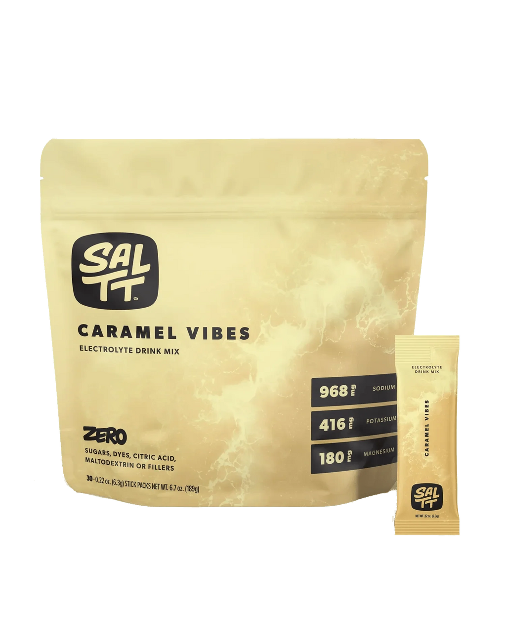 SALTT Caramel Vibes Electrolyte Drink Mix - 30 Sticks in tan resealable bag highlighting sodium, potassium, magnesium content
