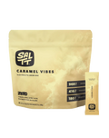 SALTT Caramel Vibes Electrolyte Drink Mix - 30 Sticks in tan resealable bag highlighting sodium, potassium, magnesium content