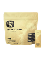 SALTT Caramel Vibes Electrolyte Drink Mix - 30 Sticks in tan resealable bag highlighting sodium, potassium, magnesium content