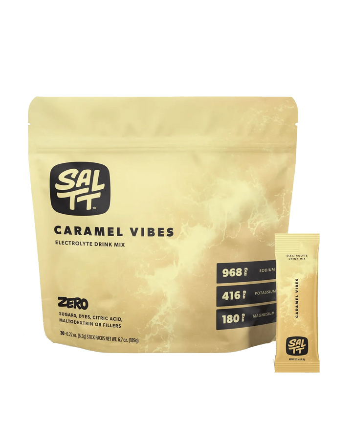 SALTT Caramel Vibes Electrolyte Drink Mix - 30 Sticks in tan resealable bag highlighting sodium, potassium, magnesium content