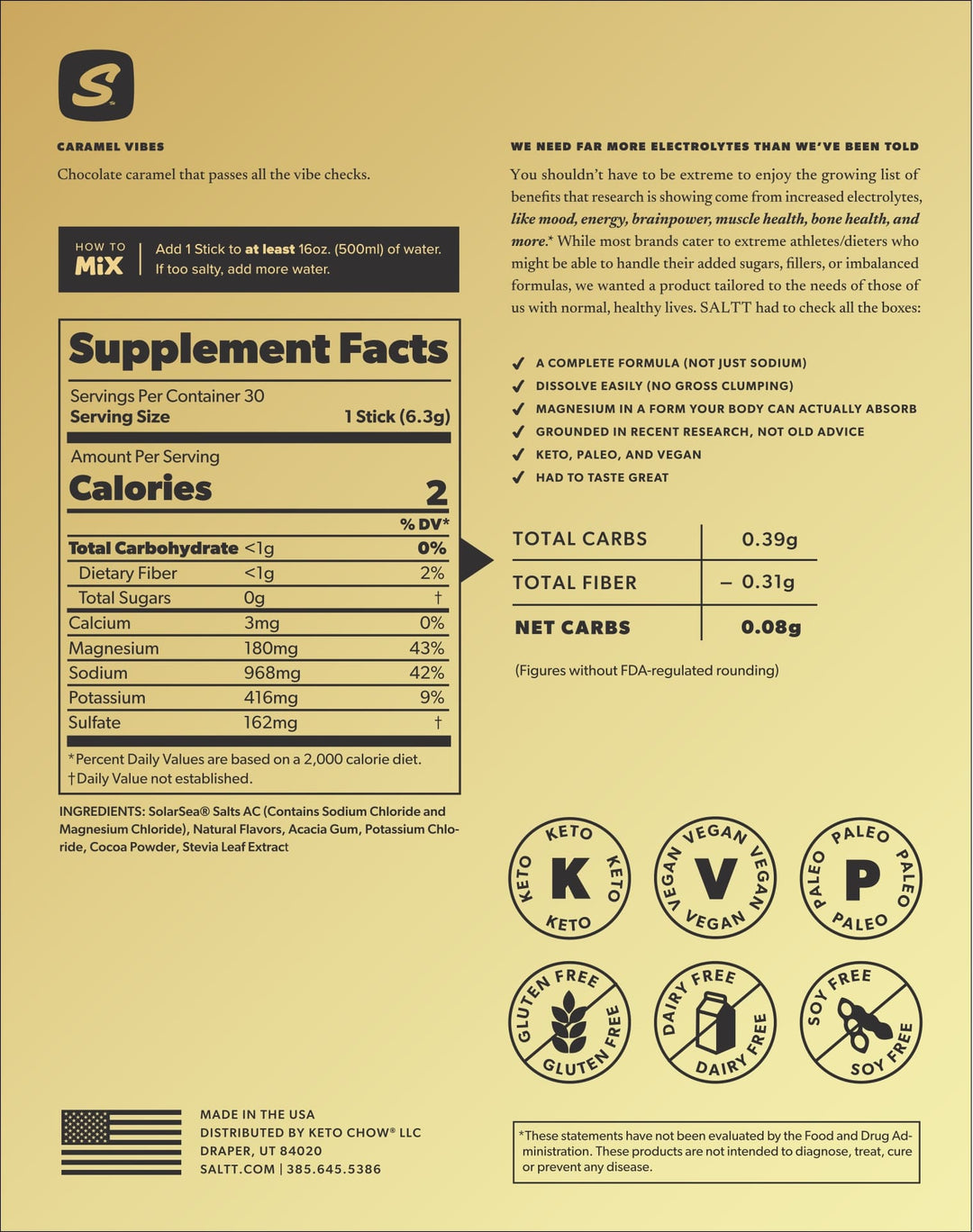 Nutrition facts and ingredient details for Caramel Vibes Electrolyte Drink Mix - 30 Sticks by SALTT.