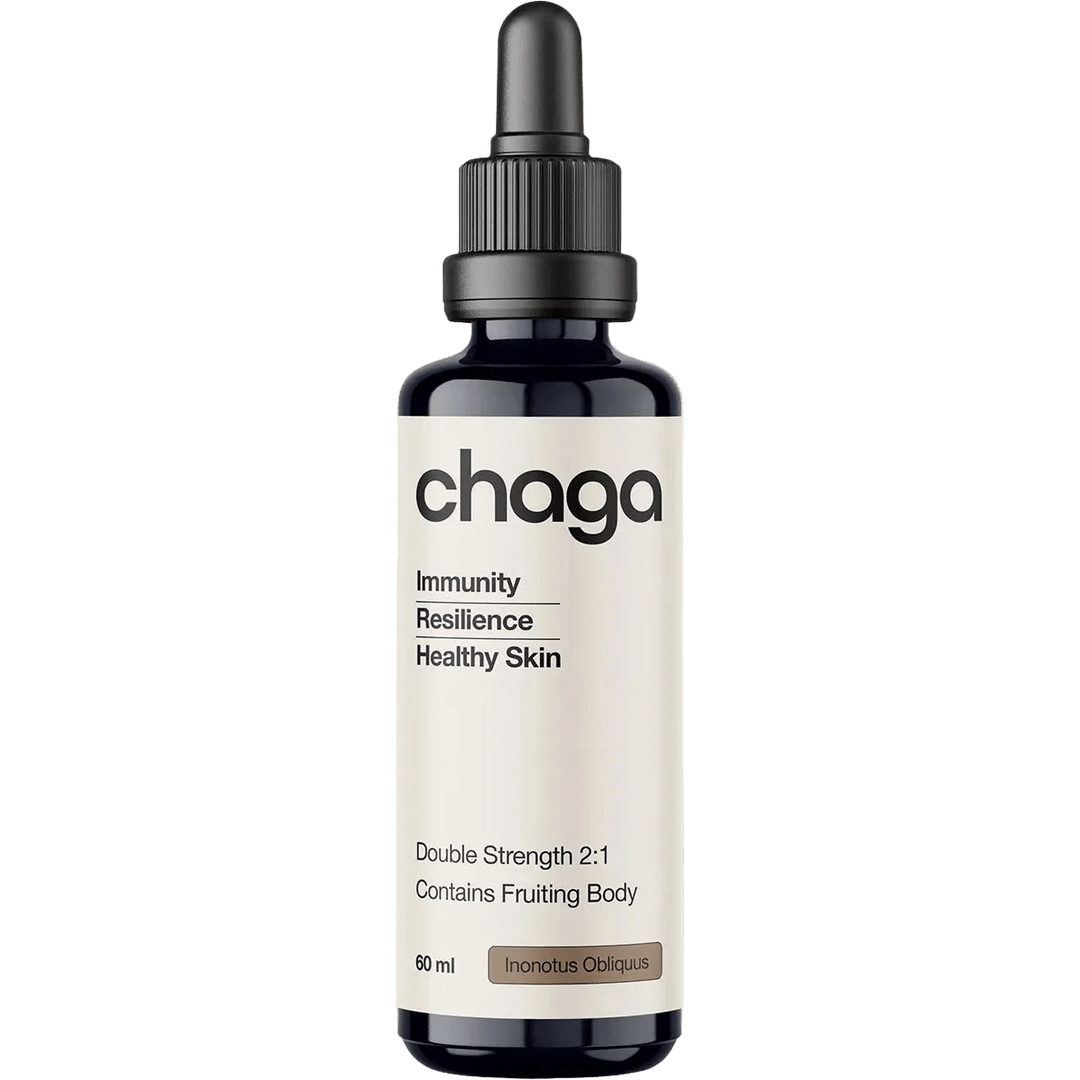 Bottle of Chaga Double Strength 2:1 Mushroom Liquid Extract - 60ml by Switch Nutrition, featuring immunity and skin health benefits in a dark dropper bottle.