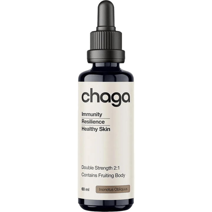 Bottle of Chaga Double Strength 2:1 Mushroom Liquid Extract - 60ml by Switch Nutrition, featuring immunity and skin health benefits in a dark dropper bottle.