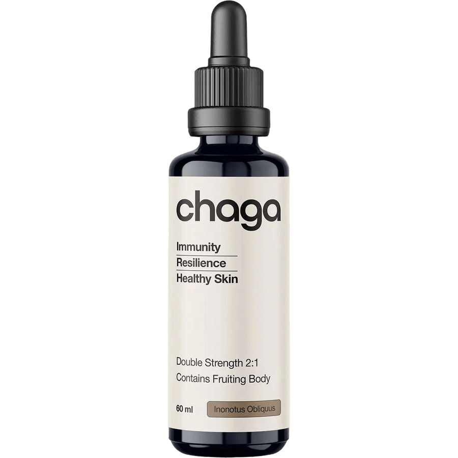 Bottle of Chaga Double Strength 2:1 Mushroom Liquid Extract - 60ml by Switch Nutrition, featuring immunity and skin health benefits in a dark dropper bottle.