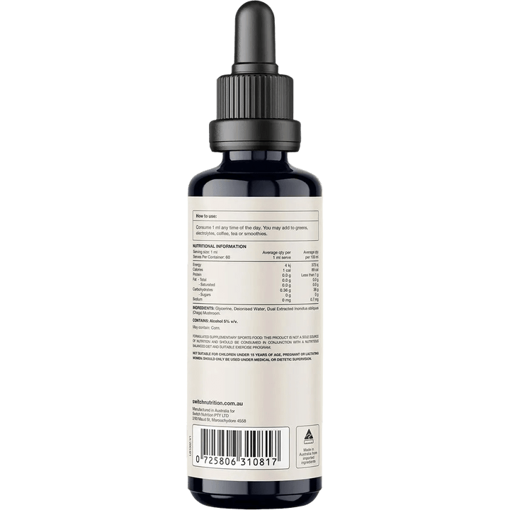 Back view of a 60ml bottle of Chaga Double Strength 2:1 Mushroom Liquid Extract by Switch Nutrition showing dosage instructions, nutritional facts, ingredients, and a dropper cap.