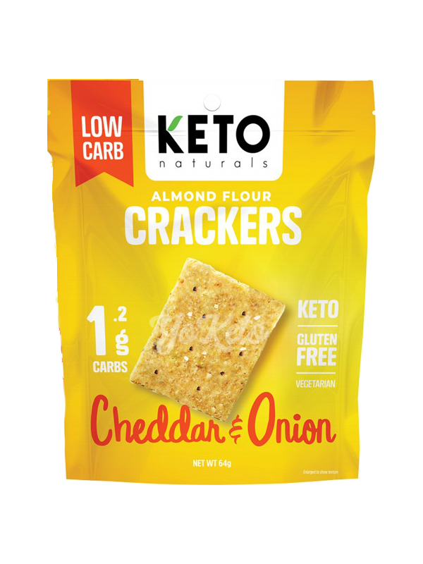 Yellow package of Keto Naturals Almond Flour Cracker Variety Pack featuring cheddar and onion low carb crackers with gluten free and vegetarian labeling.