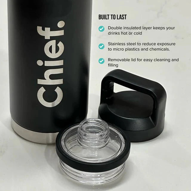 Chief Stainless Steel Water Bottle 800ml in black with removable lid and double insulated design for hot or cold drinks