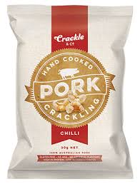 Pork Crackling Variety 3 Pack by Crackle & Co featuring hand-cooked chilli flavored pork crackling, perfect for a low carb, keto-friendly snack.