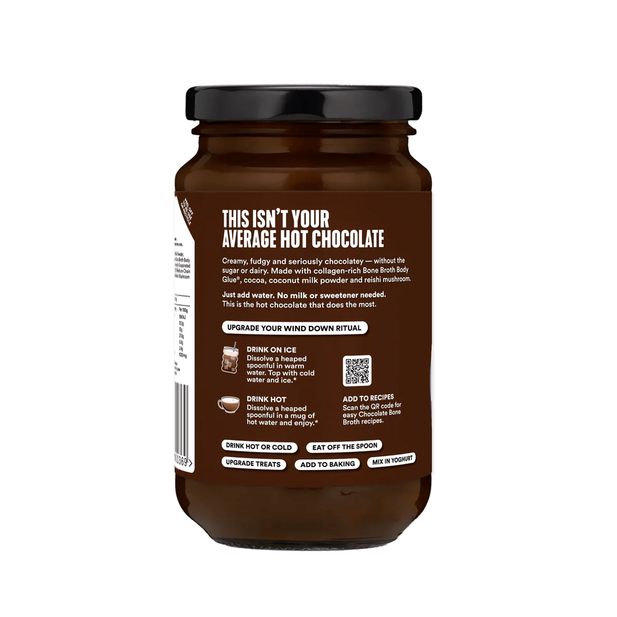 Jar of Gevity Rx Chocolate Bone Broth - 390g showing product info with instructions on a brown label