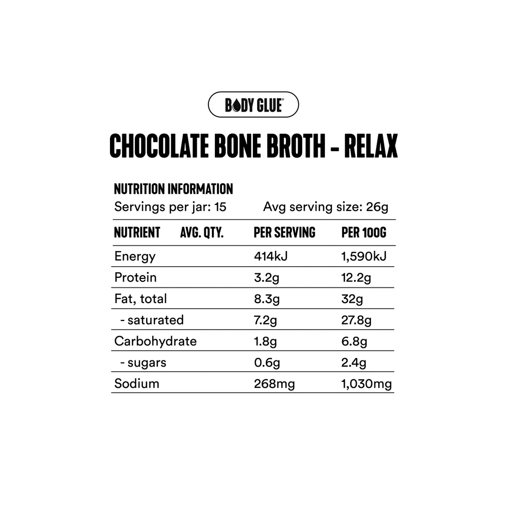 Nutrition facts for Chocolate Bone Broth - 390g by Gevity Rx, part of Bone Broth and Functional collections.