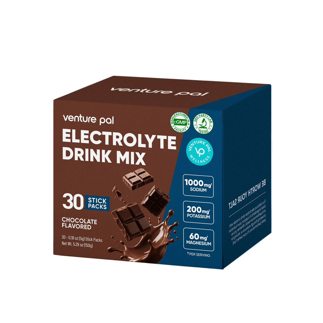 Venture Pal Chocolate Electrolyte Drink Mix - 30 Sticks box with chocolate pieces and electrolyte info on the packaging.