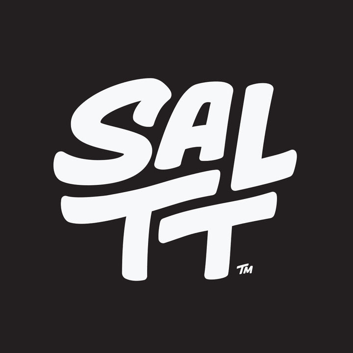 SALTT logo in bold white script on black background representing Blue Slushies - 30 Sticks electrolyte drink mix by SALTT