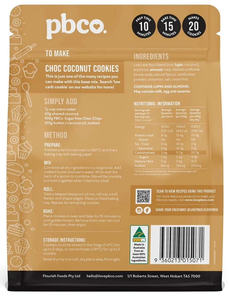 PBCo. Cookie Base Mix 320g pouch, back with ingredients and nutrition information