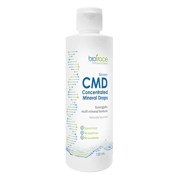 CMD Concentrated Mineral Drops - 120ml bottle by BioTrace with multi-mineral formula and natural bio-availability branding.