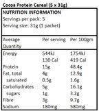 Nutrition information label for Cocoa Protein Cereal - 155g - Best Before 30 Jul 2026 by Wholesome Provisions, showing serving size and nutrient values.