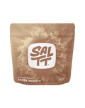 Brown resealable pouch of Cocoa Variety Electrolyte Drink Mix - 30 Sticks by SALTT with white logo and lightning design
