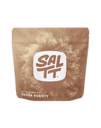 Brown resealable pouch of Cocoa Variety Electrolyte Drink Mix - 30 Sticks by SALTT with white logo and lightning design