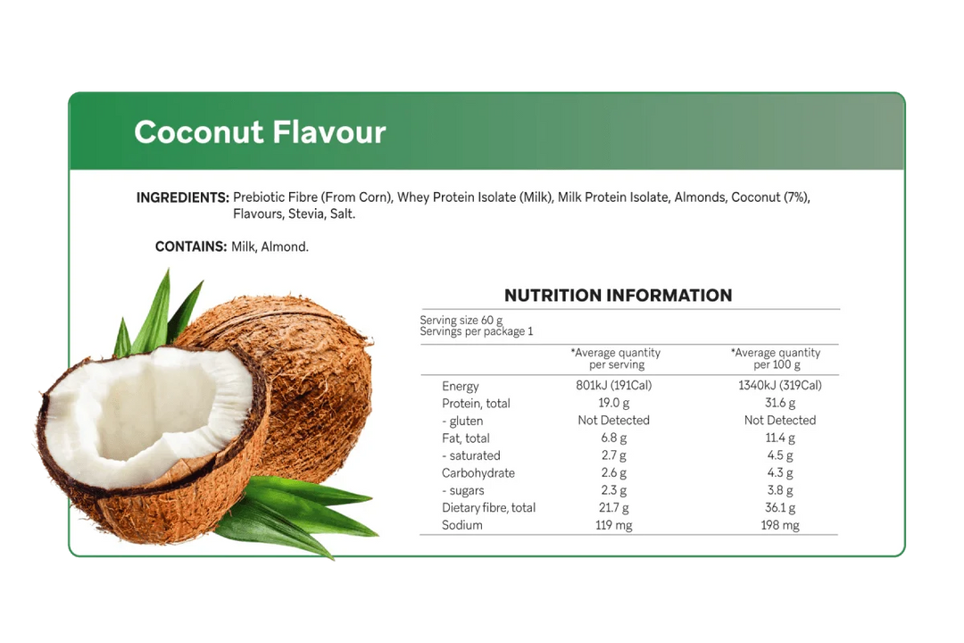 Nutrition panel for Coconut Smart Protein Bar - 60g by Smart Diet Solutions with ingredient and dietary information panel.